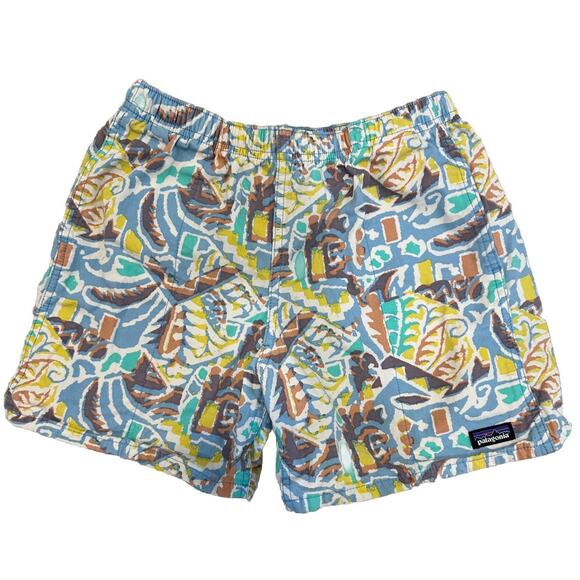 Patagonia Blue Yellow Kids Funhoggers Shorts Thriving Planet Sz Large 5" - Picture 1 of 11
